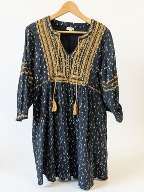 Garnet Hill Navy Dress with Gold Embroidery